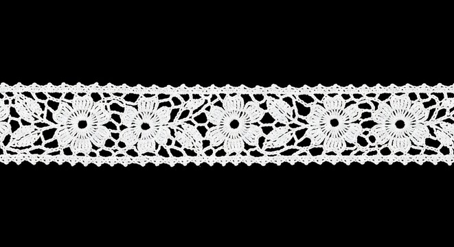 White floral lace trim with repeating flower and leaf patterns against black background