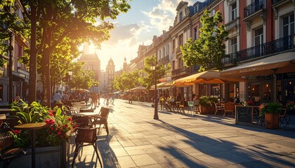 Obraz premium Bustling Urban Square with Pedestrian Walkways and Outdoor Seating in a Vibrant Cityscape