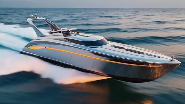 Luxury speedboat racing on open ocean at sunset with golden reflections and dynamic motion