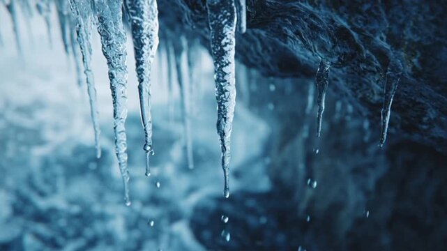 A close-up of melting ice on a frozen rock wall with cool blue tones, retaining the close-up detail of the water droplets.
