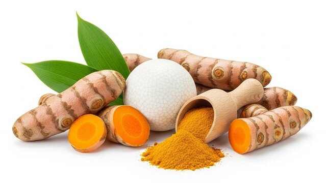 Fresh Turmeric Roots with Powder and Green Leaves on White Background