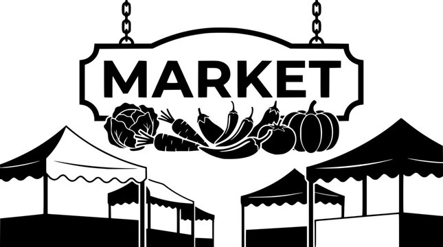 Market sign with hanging sign and vegetable illustration