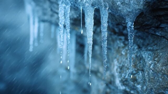 A close-up of melting ice on a frozen rock wall with cool blue tones, retaining the close-up detail of the water droplets.