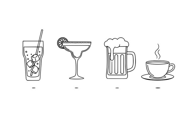 Minimal beverage outline icons with soft drop shadow soda margarita beer tea vector set for logo use