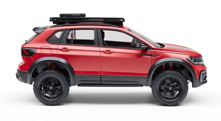 Rugged red crossover SUV with roof rack, off-road tires