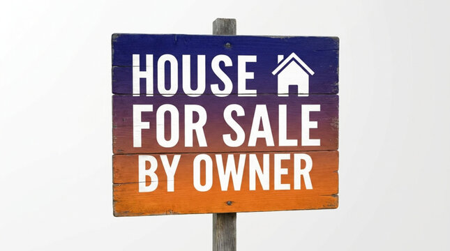 A weathered 'House for Sale by Owner' sign stands against a plain white background with a gradient color scheme