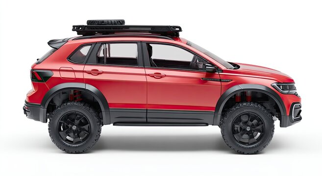 Rugged red crossover SUV with roof rack, off-road tires