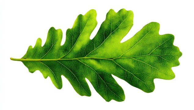 Vibrant green oak leaf with distinct lobed edges and prominent veins, isolated on white