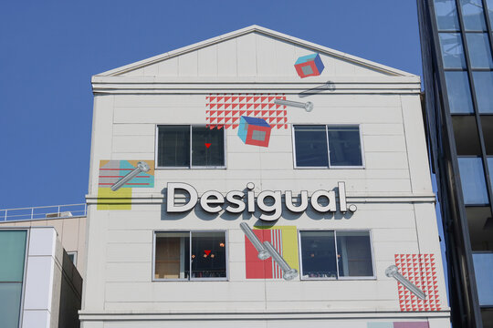 TOKYO, JAPAN - April 12, 2026: Top of a Desigual store in Harajuku.
