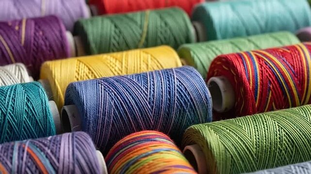 Colorful spools of thread arranged in rows, perfect for sewing and crafting projects