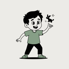 Fototapeta premium Happy boy standing and pointing at a small cute floating black rabbit silhouette in a minimalist flat vector illustration style with soft earthy tones and clean lines