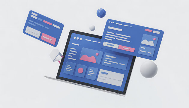 Web Design And Development Website Ui Elements Floating In The Air Blue Color Palette With Pink Accents White Background.