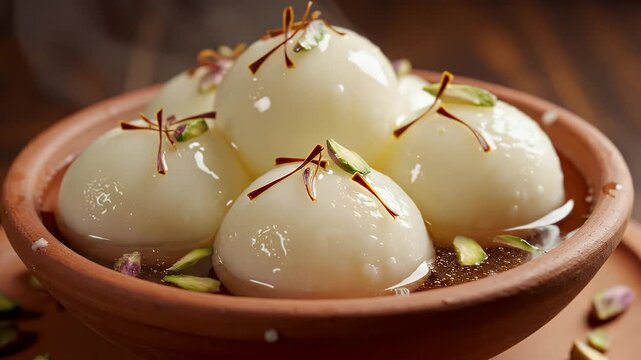 Close-up of gulab jamun dessert in a clay bowl on wooden table with saffron and pistachios
