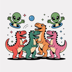 Fototapeta premium Cute cartoon dinosaurs playing with friendly extraterrestrials in space illustration featuring vibrant t rex characters and aliens having fun together in a whimsical style
