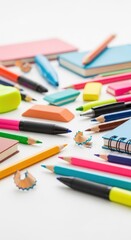 Fototapeta premium Assortment of Colorful School Supplies on White Background.