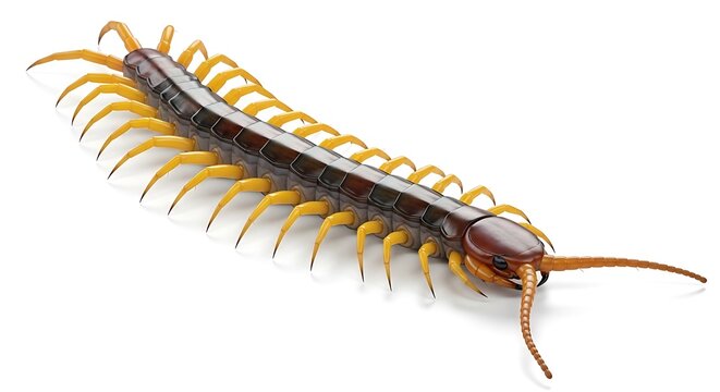 A centipede with yellow legs and a brown body crawls on a surface.