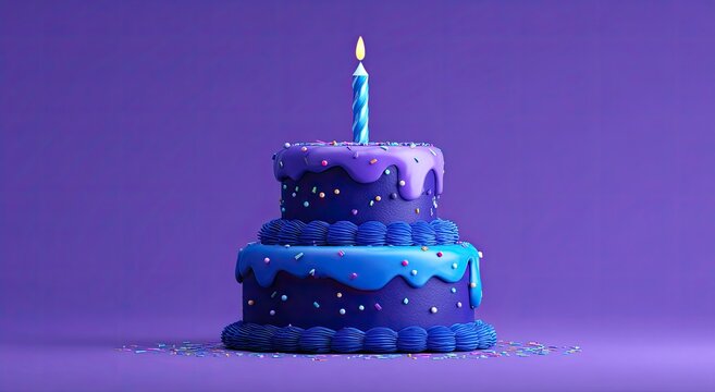 A vibrant, two-tiered purple cake with blue frosting, lit candle