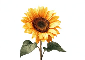Obraz premium Vibrant yellow sunflower with dark center and green leaves, isolated on white