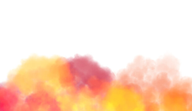 Colorful thick smoke flow explosion cutout PNG. Abstract fluffy clouds, smoke vapours steam effect. Realistic festive color smoke flowing on transparent background.