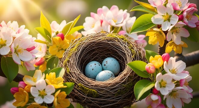Bird eggs in a nest with flowers