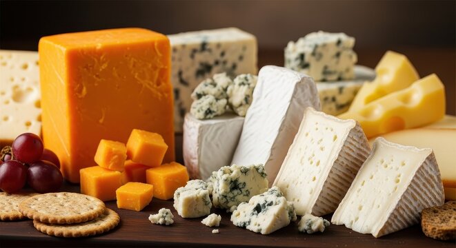 Assortment of Delicious Cheeses with Crackers and Grapes.