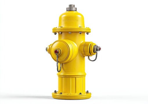 Bright yellow fire hydrant with two side outlets and a top cap, against white