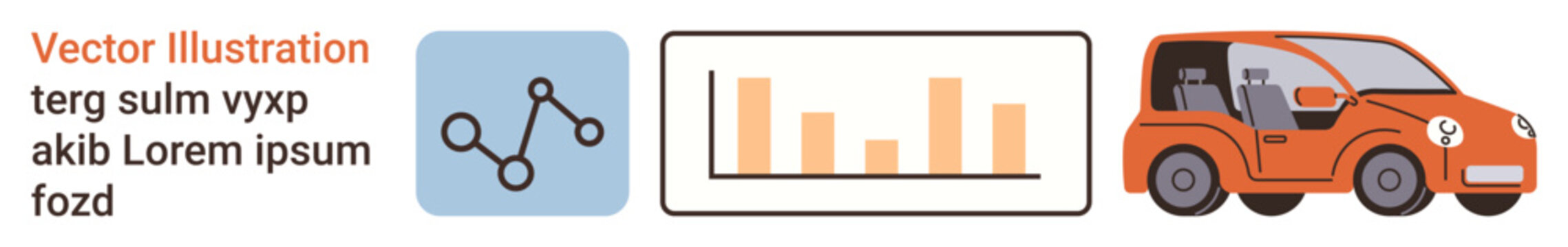 Data analytics, transportation, innovation, progress, mobility, eco-friendly technology. A graph icon, bar chart and futuristic car. Data analytics and transportation concept