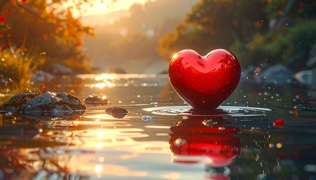A serene landscape with a reflective heart on water