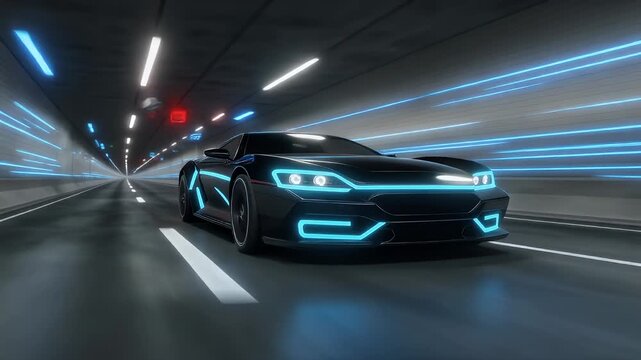 3D Car Model, Sports Car Driving at on a Wet Road on High Speed, Racing Through the Colorful Tunnel With Lights Reflecting Everywhere