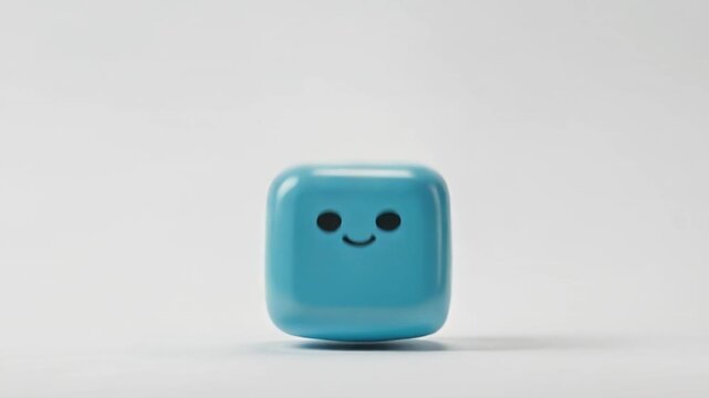 Small blue cube with smiley face isolated on gray background