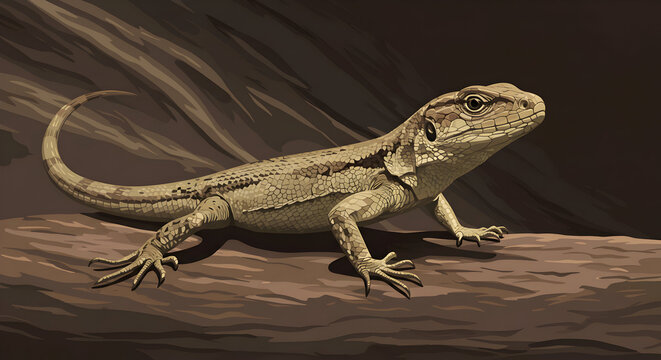 Detailed Illustration of a Brown Lizard Resting on a Branch with Textured Scales and Sharp Claws