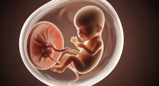 Detailed 3D rendering of a human fetus developing inside the protective womb with placenta and umbilical cord visible.
