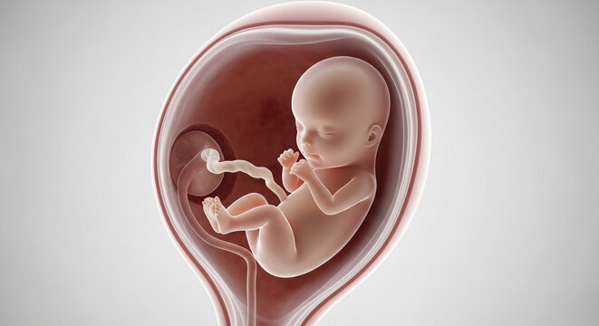 Detailed 3D medical illustration of a human fetus developing inside the uterus, showing the umbilical cord and amniotic sac.