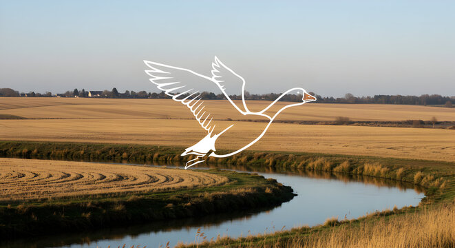 Stylized Goose Illustration Overlooking Golden Fields and a Winding River at Dusk
