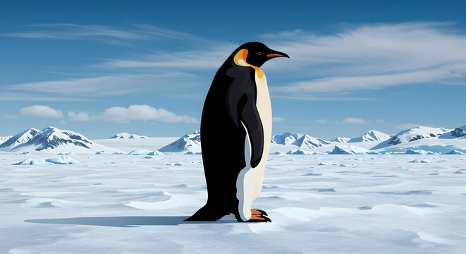 Emperor Penguin Standing Tall on Antarctic Ice Sheet with Distant Mountains
