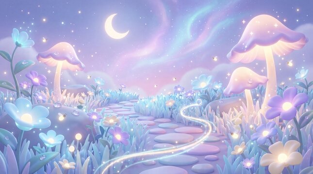Pastel fantasy world with magical places and dreamy landscapes
