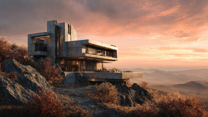 Naklejka premium Brutalist concrete modern villa on rocky cliff overlooking vast valley at sunset, warm orange pink sky, large glass windows with interior warm light, infinity pool, wooden deck, dramatic clouds, archi