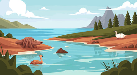 A tranquil cartoon landscape featuring a lake, mountains, a brown animal on the bank, a white bird, and an orange swan swimming. © Liakum