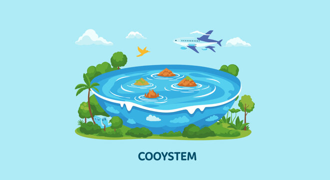 A whimsical cartoon illustration depicting a vibrant miniature ecosystem with a large water bowl, green trees, small islands, and planes flying in the sky.