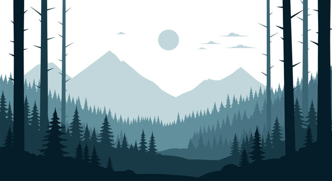Minimalist flat design landscape illustration featuring layered mountains and dense pine forests under a pale sky with a subtle sun.