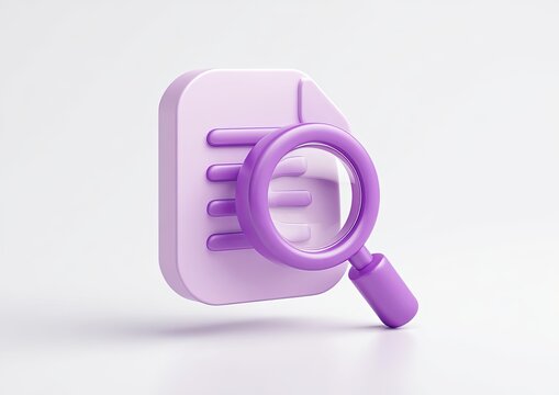 3D icon of a purple magnifying glass over a document