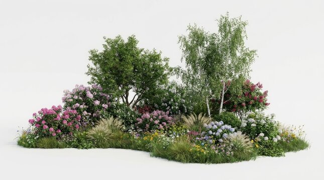 Isolated mixed garden planting with trees and shrubs.