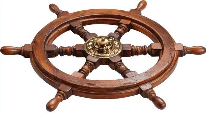 Antique wooden ship's wheel with brass hub and six handles