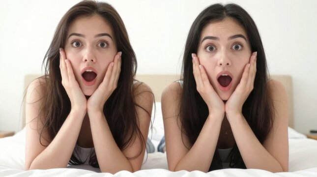 Two young women with long dark hair lie side by side on a bed, both expressing shock or surprise with wide eyes and open mouths.