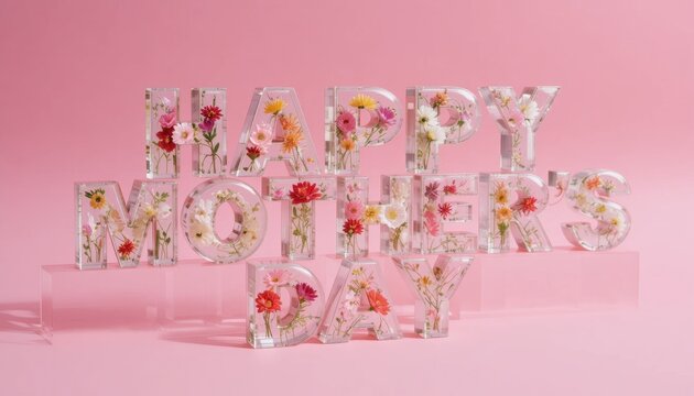 Clear block letters filled with colorful dried flowers form the phrase "HAPPY MOTHER'S DAY" against a soft pink background.