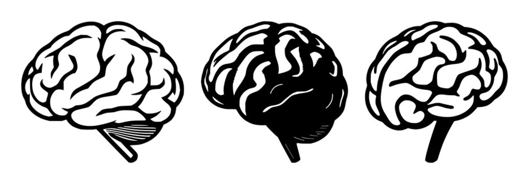 Brain icon set with solid black shapes on white background featuring learning, knowledge, memory with neuroscience and education