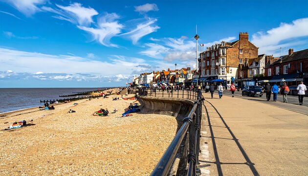 Picturesque seaside town, with a wide sandy beach, bustling promenade, buildings, and a sunny, vibrant sky filled with clouds