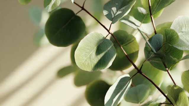 Fresh Eucalyptus Leaves with Sun Shadows on Neutral Background