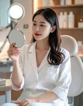 A young woman in a white coat looks at her reflection in a handheld mirror in a well-lit, modern skincare or beauty clinic.