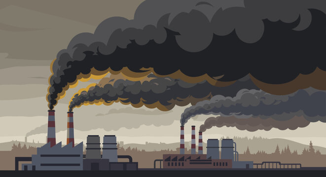 Industrial factories emitting thick plumes of dark smoke into the atmosphere, symbolizing pollution and environmental damage.